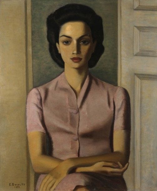 Ézéquiel BAROUKH [égyptien] (1909-1984)
Portrait de Mademoiselle A.C., 1939
Huile sur panneau.
Signée et datée en bas à gauche.
80 x 65 cm
