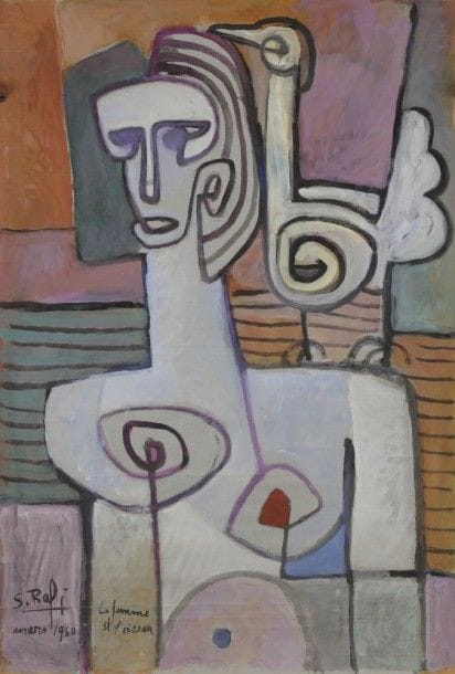 Samir RAFI [égyptien] (1926-2004)
La Femme et l’oiseau, 1960
Gouache sur deux papiers.
Signée, datée et titrée en bas à gauche.
(Craquelures).
105 x 75 cm

Provenance : 
Ancienne collection du peintre Serge Benoit, Paris.
