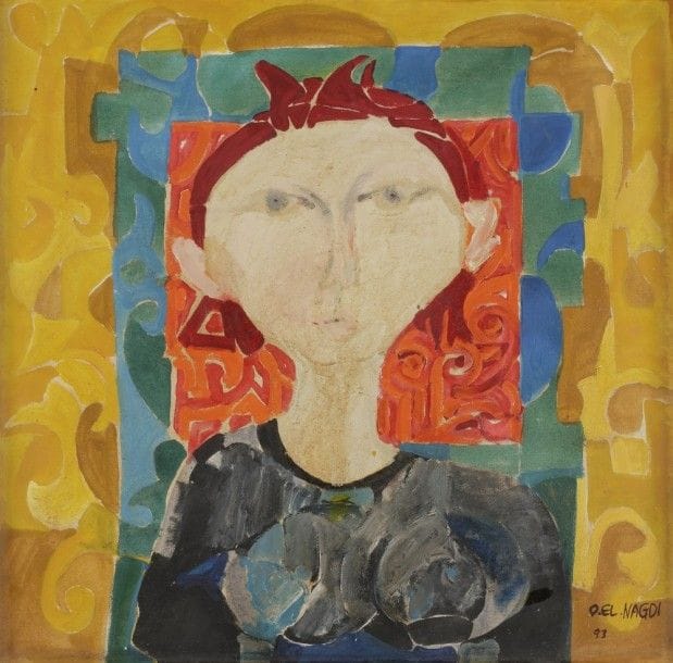 Omar EL NAGDI [égyptien] (né en 1931)
Buste de femme, 1993
Huile sur toile.
Signée et datée en bas à droite. 
Signée et datée au dos.
60 x 60 cm
