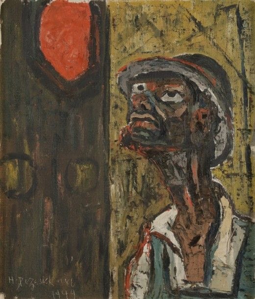 Houshang PEZESHKNIA [iranien] (1917-1972)
Portrait d’homme, 1949
Huile sur toile contrecollée sur panneau.
Signée et datée en bas à gauche.
51 x 44 cm

Bibliographie : 
Nous remercions Monsieur Babak Pezeshknia d’avoir confirmé l’authenticité de cette œuvre.
