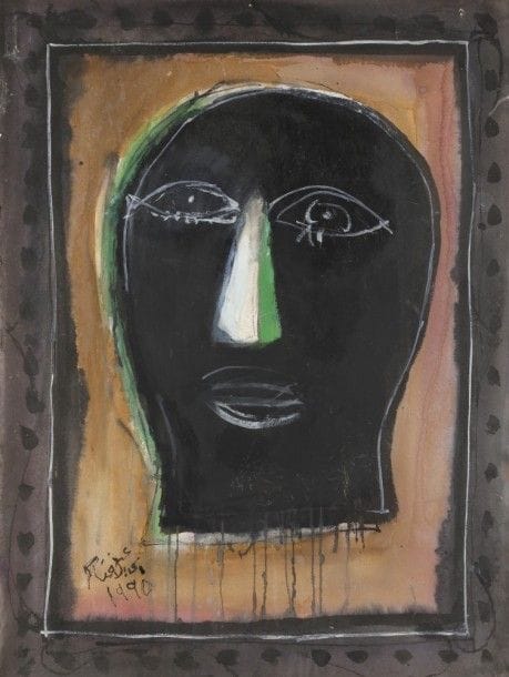 Ismail FATTAH AL-TURK [irakien] (1934-2004)
Visage, 1990
Acrylique sur papier.
Signée et datée en bas à gauche.
75 x 57 cm

Provenance : 
Ancienne collection Nahida Fattah. Par descendance.

Bibliographie : 
Nihad Fattah al-Turk, Ismail Fattah, Al-Adib Co., 2016, reproduit en pleine page.
