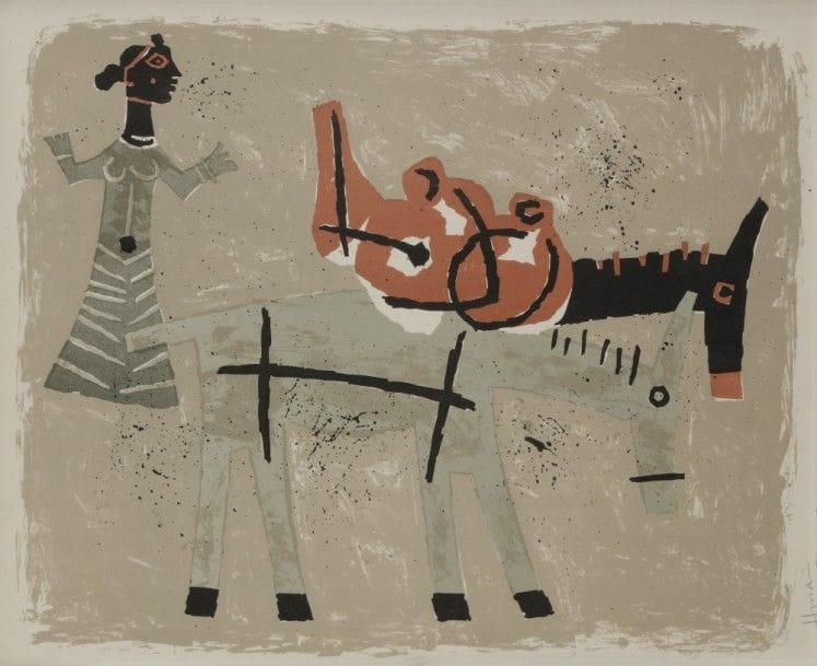 Maqbool Fida HUSAIN [indien] (1915-2011)
Femme et deux ânes
Lithographie.
Signée sur la droite.
38 x 48 cm
