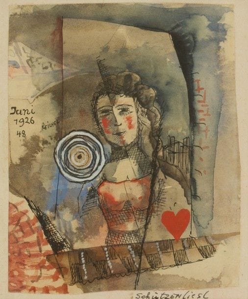 Hans REICHEL [franco-allemand] (1892-1958)
Schützenliesl, 1926
Gouache et aquarelle.
Signée et datée sur la gauche.
Titrée sur le montage.
13.5 x 10 cm

Provenance : 
Galerie Erval, Paris.
