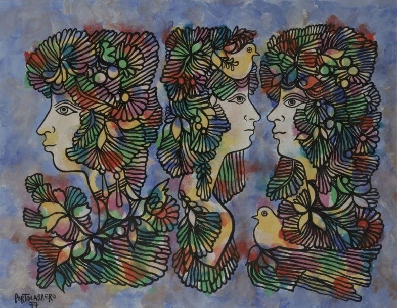 René PORTOCARRERO [cubain] (1912-1986)
Figuras ornementadas, 1977
Gouache.
Signée et datée en bas à gauche.
Signée, datée et titrée au dos sur le montage.
52 x 69 cm
