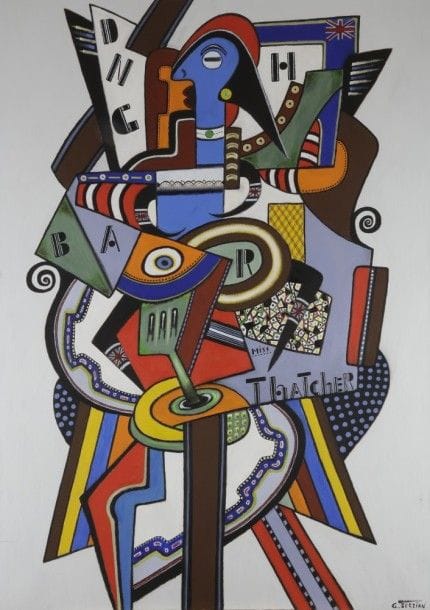 Georges TERZIAN (né en 1939)
Miss Thatcher
Huile sur toile.
Signée en  bas à droite.
Titrée dans la composition.
162 x 114 cm

