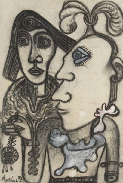 Michel MACRÉAU (1935-1995)
Couple, 1972
Huile et fusain sur toile contrecollée sur toile.
Signée et datée en bas à gauche.
112 x 74 cm
