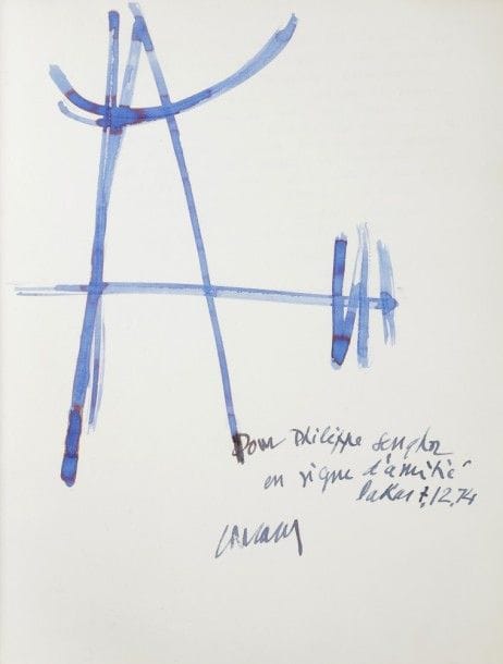 Pierre SOULAGES (né en 1919)
Encre 1974
Dessin à l’encre bleue.
Signé, daté et dédicacé «Pour Philippe Senghor en signe d’amitié - Dakar 7.12.74» en bas à droite.
31 x 24 cm

Provenance : 
Ancienne collection Léopold Sédar Senghor.

L’œuvre figure dans un livre d’or de Philippe Senghor, fils de Léopold Sédar Senghor, décédé dans un accident de la circulation.
