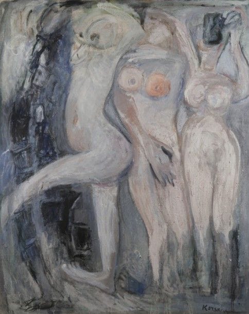 Ida KARSKAYA [russe] (1905-1990)
Lili, Lolo & Lulu, 1970
Huile sur toile.
Signée en bas à droite.
Signée et datée au dos sur le châssis.
162 x 130 cm

Provenance : 
Galerie Limmer, Fribourg (étiquette au dos).
