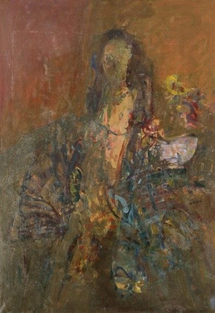 Abdallah BENANTEUR [algérien] (né en 1931)
L’Espagnole, 1972
Huile sur toile.
Signée sur la droite.
Signée, datée et titrée au dos.
116 x 81 cm

L’œuvre figurera au Catalogue Raisonné d’Abdallah Benanteur en cours de préparation par Monsieur Claude Lemand. Un certificat d’authenticité sera remis à l’acquéreur.
