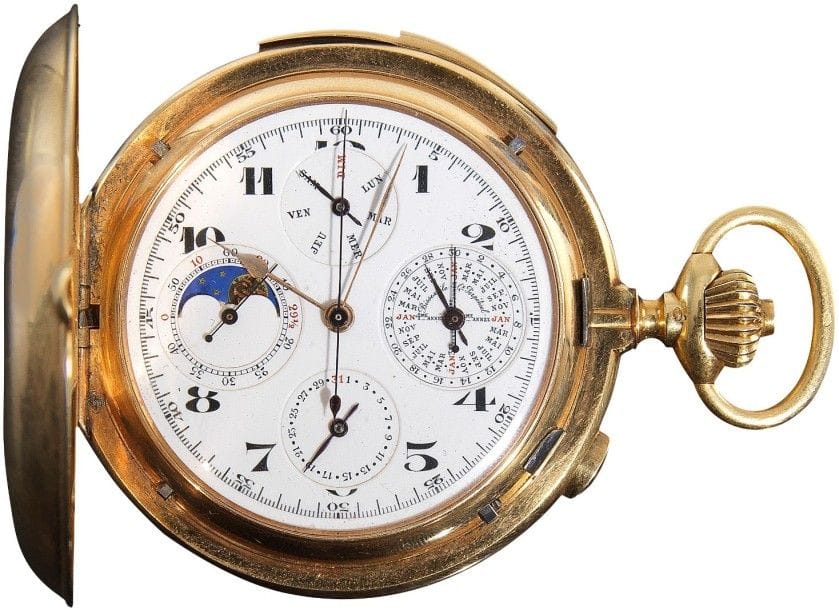 Montre gousset en or 18K (750‰), quantième perpétuel, jour date mois phase de lune, chronomètre, sonnerie à la demande par glissière, très beau mécanisme suisse n°25833 échappement à ancre, balancier coupé compensé, spiral Breguet, n°de la boîte 51029. 
Poids brut : 169,3 g
à réviser.