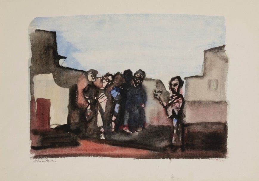 Léon ZACK [franco-russe] (1892-1980)
Personnages, vers 1937
Aquarelle.
Signée en bas à gauche.
(Plis et déchirures au bord de la feuille).
32 x 48 cm
Provenance : 
Collection Georges Coppel, Paris.