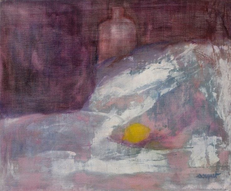 Jeanne SOCQUET (née en 1938)
Le Citron, 1981
Huile sur toile.
Signée en bas à droite.
60 x 73 cm
Provenance :
Galerie Jacquester, Paris.