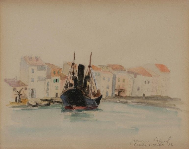 Jeanne COPPEL (1896-1971)
Port de Cassis, 1937
Aquarelle.
Signée, datée et située en bas à droite.
Porte le cachet de l’inventaire de l’atelier au dos du montage.
13.5 x 17 cm
Provenance : 
Collection Georges Coppel, Paris.

L’œuvre est référencée dans les archives Jeanne Coppel sous le numéro 12G.