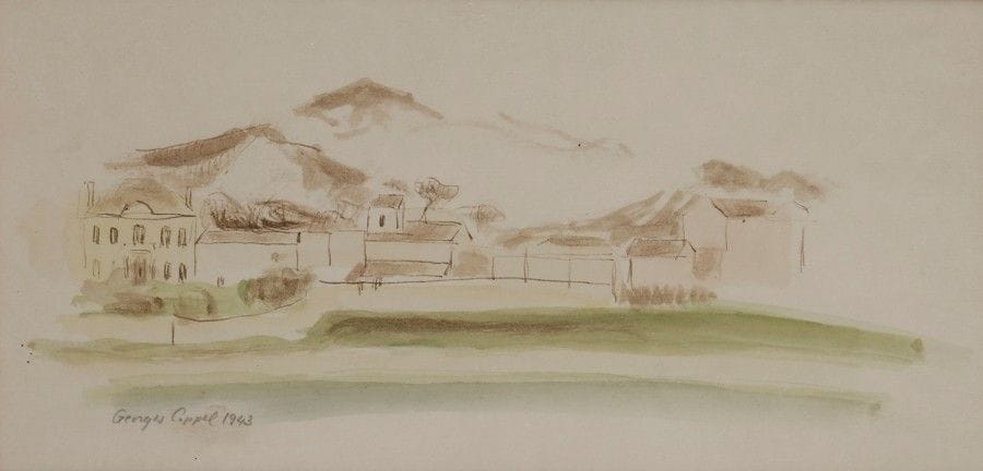 Georges COPPEL (né en 1922)
Paysage , 1943
Dessin à l’encre et aquarelle.
Signé et daté en bas à gauche.
13 x 27 cm
Provenance : 
Collection Georges Coppel, Paris.