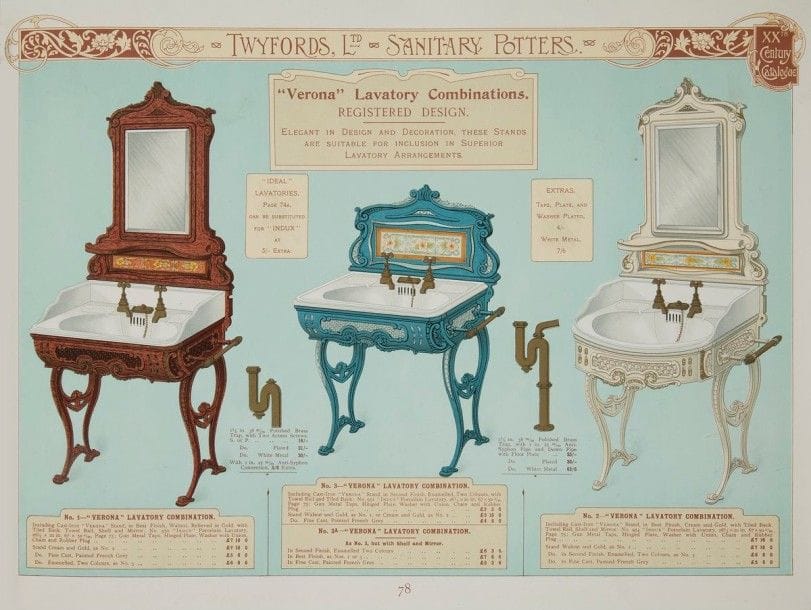 [SANITAIRES] TWIFORDS LTD. Twyfords’ XXth century catalogue of sanitary specialities in Porcelain, Earthenware & Porcelain-Enamelled Fire Clay. Hanley, 1901. — In-4 oblong, toile illustrée de l’éditeur. 
Célèbre et somptueux catalogue publié à l’occasion de l’entrée dans le nouveau siècle, qui marque l’apogée du premier et du plus important fabricant de salles de bain dans le monde.
L’ouvrage est des plus luxueux, comprenant sur plus de 120 feuillets la reproduction en chromolithographie ou en noir de tous les produits proposés par la société, agrémentés de schémas. Il se décompose en 2 sections : la première consacrée aux WC, aux lavabos, aux urinoirs, aux baignoires et aux différents accessoires ; la seconde dévolue aux produits en porcelaine émaillée.
Exemplaire parfaitement conservé, n’ayant seulement que quelques frottements d’usage aux coins. Il est joint la lettre de la société qui était adressée au destinataire du catalogue.