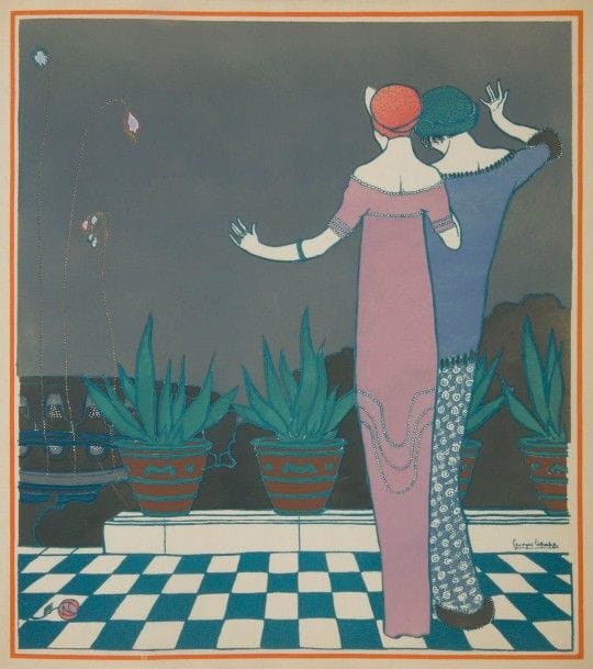 [MODE] POIRET (Paul). LEPAPE (Georges). Les Choses de Paul Poiret vues par Georges Lepape. Paris : Maquet, 1911. — Grand in-4 carré. Cartonnage illustré de l’éditeur. 
Véritable chef d’œuvre de Georges LEPAPE, comprenant 12 planches montées sur onglets et coloriées au pochoir avec rehauts d’or et d’argent par Saudé, sur une note orientalisante totalement novatrice pour la mode féminine de l’époque. Paul POIRET lance, selon son expression, des coupes et des couleurs « comme des loups dans une bergerie ».
Cet album est considéré par beaucoup comme le plus beau livre sur la mode de l’époque.
Tirage limité à 1.000 exemplaires, celui-ci étant l’un des 700 comprenant les planches sur japon sans remarque.
Restaurations au dos.