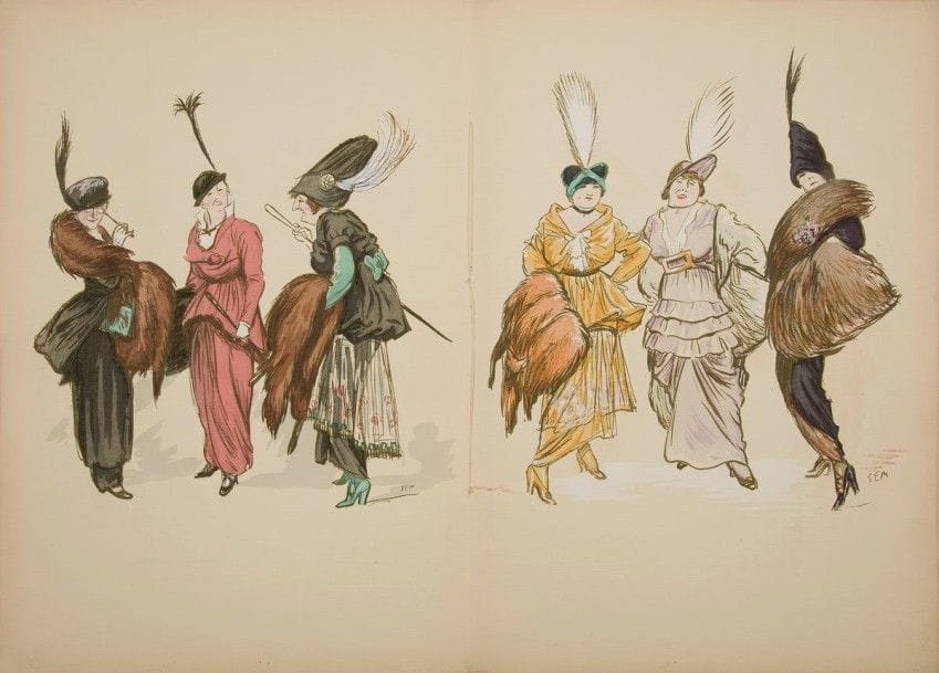 [MODE FÉMININE] SEM (GOURSAT, Georges, dit). Le Vrai & le faux chic. Paris : Succès, 1914. — In-folio, couverture illustrée. Broché. 
Très bel album de textes et dessins humoristiques sur la mode féminine par le chroniqueur, dessinateur et caricaturiste Sem. Chaque page de texte est ornée d’un ou plusieurs dessins en noir ou en couleurs, et les 17 pages centrales sont illustrées de belles compositions en couleurs à pleine page. Bien complet des 3 premiers et des 3 derniers feuillets, sur papier fort, portant des publicités illustrées contrecollées.
Exemplaire sur papier vergé d’édition. Petites déchirures sur le bord des plats. Premier feuillet dérelié. Piqûres aux couvertures.