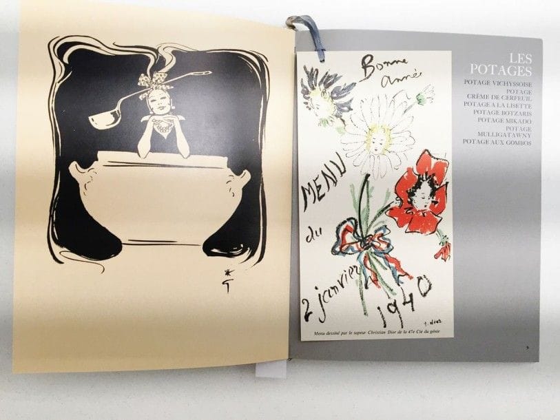 [GASTRONOMIE] DIOR (Christian) - GRUAU (René).
La Cuisine cousu-main. Paris : DIOR, 1972. — In-4, 104 pp., couverture éditeur métallique argentée, sous étui plexi.
À l’occasion de l’anniversaire des vingt ans de sa maison de couture le célèbre couturier et gourmet Christian DIOR édite ses plus fameuses recettes de cuisine avec des notes de Robert J. COURTINE. L’illustration est réalisée par cet artiste aux traits saisissants qu’est René GRUAU et dont les dessins en noir sur fond de couleur ont la pétillance et la finesse d’un grand champagne. Préface de R. Thuilier. Marque-page dessiné par Christian DIOR. 