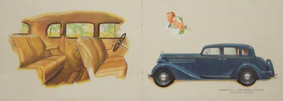 [AUTOMOBILES] BUICK. Buick. La Nouvelle Série « 40 ».
Sans lieu, [1937]. — In-4 oblong, (8 ff.), couverture illustrée. Agrafé. 
Plaquette publicitaire présentant le nouveau modèle du fabricant d’automobiles Buick, marque détenue par le groupe General Motors.
Belle illustration composée de dessins en couleurs dont 6 à pleine page et plusieurs photographies.
Exemplaire parfaitement conservé.