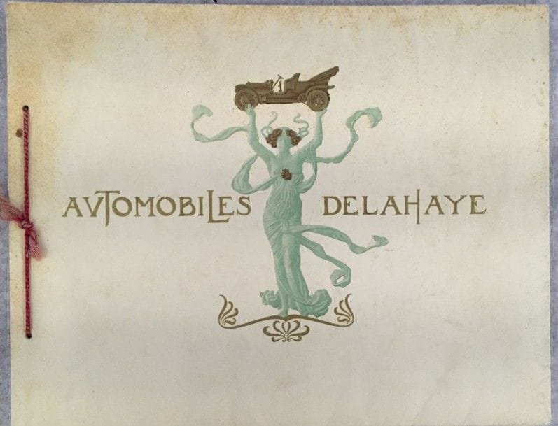 [AUTOMOBILES] DELAHAYE. Automobiles de tourisme et transport, canots à pétrole. Paris, [vers 1908]. — In-4 oblong, couverture illustrée en couleurs et en relief. Broché, couverture rempliée, cordonnet de soie bordeaux et beige. 
Catalogue promotionnel des automobiles Delahaye remarquablement illustré notamment de lithographies originales en couleurs d’Abel FAIVRE, LÉANDRE, Louis MORIN et HARRY ELIOTT. Nombreuses vignettes de Meussot et Zimmerman dans le texte.
Piqûres à la couverture.