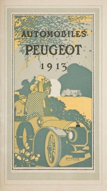 [AUTOMOBILES] PEUGEOT. Automobiles Peugeot. 1913. [Paris : Peugeot, 1913]. — In-8, 22 pp., (1 f.), couverture illustrée. Broché. 
Catalogue de la société Peugeot, comportant en guise de préface un bref texte de Curnonsky. Il est illustré de nombreux schémas dans le texte et de plusieurs compositions dont une sur la couverture signée de MAXIMILIEN FISCHER.
Exemplaire très bien conservé.