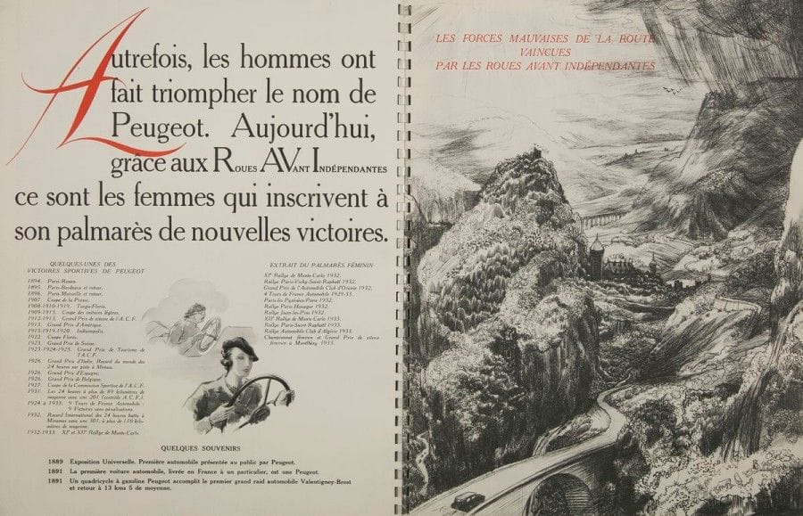 [AUTOMOBILES] PEUGEOT. Indépendance. Paris : Peugeot (impr. Draeger), 1933. — In-folio, couverture illustrée rempliée. Reliure à spirale. 
Superbe catalogue « aux accents patriotiques qui exalte l’entreprise familiale. Draeger a mobilisé la variété des talents de ses créateurs édité par les Automobiles Peugeot » (in Pages d’Or de l’Edition publicitaire, Bibliothèque Forney, N°78, p.200). Il est illustré de trois compositions, en noir et en double page, par Pierre BRISSAUD et Edy LEGRAND, magnifique illustration en couleurs par Reynaldo LUZA portant la célèbre légende « Conduire une Peugeot c’est « ETRE A LA MODE »… ». Une vue aérienne en couleurs montre les usines Peugeot. In-fine suite des quatre planches recto verso descriptives des automobiles Peugeot.
Exemplaire de l’édition ordinaire non numérotée. Usures d’usage à la couverture.