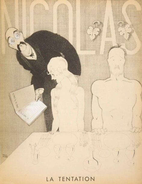 [ŒNOLOGIE - NICOLAS VINS] Paul Iribe (1883-1935) 
Réunion des 3 plaquettes éditées par les établissements NICOLAS de 1930 à 1932 :
- Blanc et rouge. Texte de Georges Montorgueil, dessins de Paul Iribe. 
Plaquette n° 1, La Belle au bois dormant. 
Un vol. grand in-4 broché, illustré de reproductions de dessins de Iribe. 
Exemplaire sur Japon, numéroté XV/XX.
- Rose et Noir, dessiné par Paul Iribe, précédé d’un Dialogue moderne en trois temps et trois cocktails par René Benjamin. 
Plaquette n° 2, Le Mauvais génie. 
Un vol. grand in-4 broché, illustré de reproductions de dessins de Iribe. 
Exemplaire sur japon, numéroté XIX/XX.
Dédicace d’Etienne Nicolas, daté du 26 mai 1931.
- Bleu blanc rouge, dessins de Paul Iribe. Plaquette n° 3, France. 
Un vol. grand in-4 broché, illustré de reproductions de dessins de Iribe, certains sur doubles feuillets rempliés.
Exemplaire sur Japon, numéro IV/XX.
Les 3 plaquettes sous emboîtage.
Les exemplaires de luxe des plaquettes de Paul Iribe ont été très peu mis en circulation. Ces plaquettes sont restées stockées dans les caves des entrepôts de Charenton où un incendie les a détruites dans les années 1980. Elles sont donc de toute rareté.
