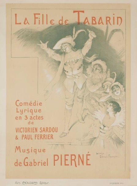 Louis Edouard FOURNIER
La fille de Tabarin. Livret de Victorien Sardou et Paul Ferrier. Musique De Gabriel Pierné
Signée en bas à droite.
Non entoilée, bon état.
80 x 60 cm 
On joint :
Gustave FRAIPONT (1849-1923)
La demoiselle de Bellevile. Musique de Ch Millöcquer.
Non entoilée, bon état.
76 x 54 cm
