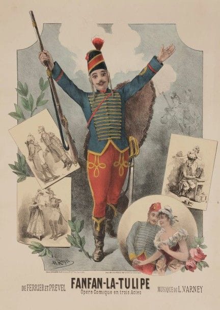 A. ROYEL
Fanfan la Tulipe de Ferrier et Prevel, musique de L. Varney.
Non entoilée, bon état (accidents en marges)
80 x 60 cm