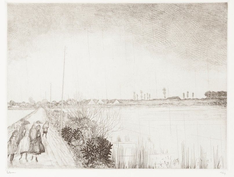Jean-Emile LABOUREUR (1877-1943)
Les Enfants sur la route. 1932. Eau-forte. 325 x 242. L. 452. Réunion de 2 épreuves sur vélin, la 1re l’une des 6 du 2e état (sur 3), avant le monogramme et avant accentuation de la pluie, signée et numérotée au crayon, la 2e de l’état définitif, légèrement oxydée, annotée « bon pour aciérage / jel » au crayon dans l’angle inférieur droit (avec pli cassé). Autre annotation en marge gauche « attention / la pluie ».