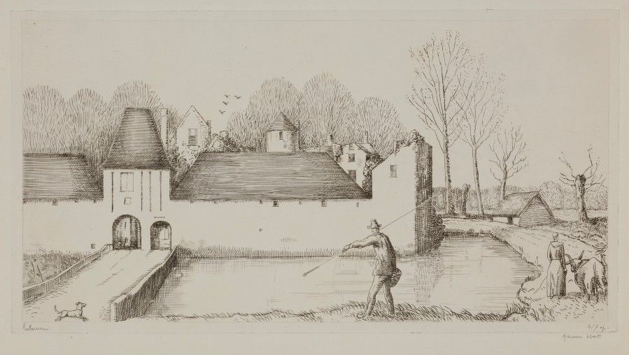 Jean-Emile LABOUREUR (1877-1943)
Le Vieux manoir (château de Gratot près de Coutances). 1935. Eau-forte et burin. 296 x 155. L. 503. Sur vergé blanc mince, l’une des 7 du 1er état (sur 2), avant les tailles dans le ciel, signée, numérotée au crayon et annotée « premier état ». Tirage total à 42 épreuves.