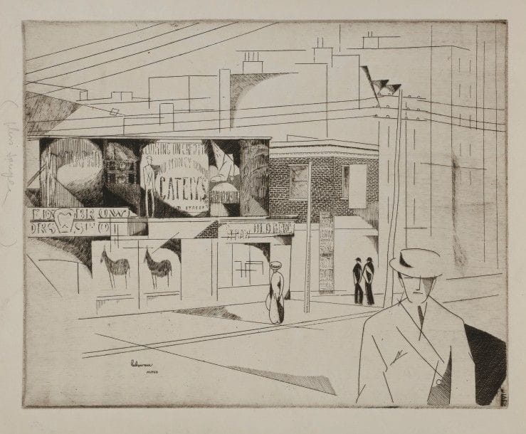 Jean-Emile LABOUREUR (1877-1943)
Promenade en Amérique. 1914. Eau-forte. 270 x 216. L. 133. Épreuve d’essai sur vélin blanc mince, annotée en marge gauche « (plus souple) ». Tirage total à 36 épreuves.
