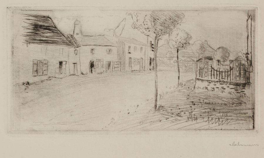Jean-Emile LABOUREUR (1877-1943)
Village (Le Clion, près Pornic). 1897. Pointe sèche sur zinc. 197 x 97. L. 3. Sur vergé, du 1er état (sur 2), avant de nouvelles tailles, signée au crayon. Infime oxydation. De toute rareté. Tirage total inférieur à 10 épreuves.