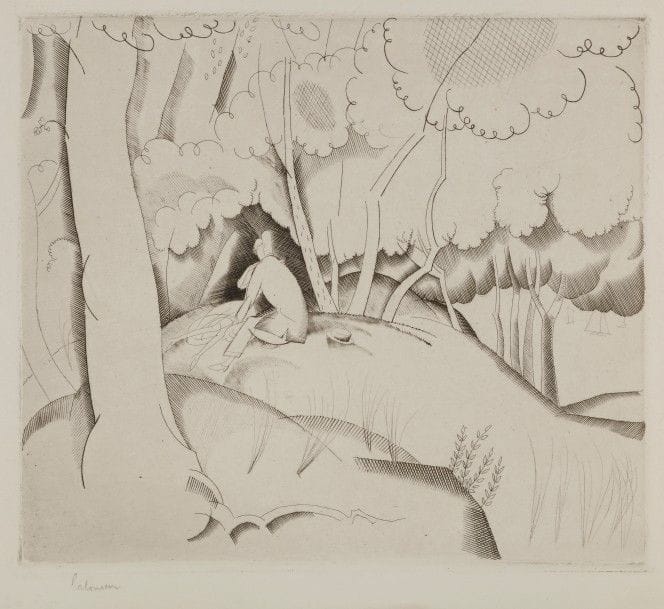 Jean-Emile LABOUREUR (1877-1943)
L’Amour au bois. 1922. Burin. 173 x 150. L. 230. Sur vélin blanc, l’une des 8 du 1er état (sur 2), avant les tailles dans les feuillages, signée au crayon. Tirage total à 78 épreuves.