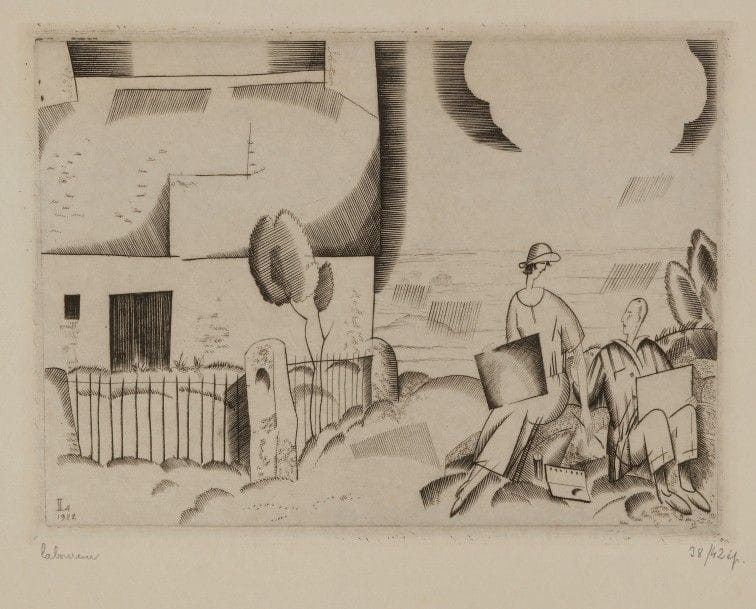 Jean-Emile LABOUREUR (1877-1943)
Les Aquarellistes. 1922. Burin. 130 x 92. L. 237. Sur vélin mince crème, signée et numérotée au crayon. 