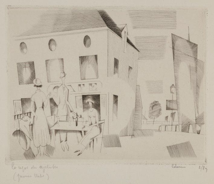 Jean-Emile LABOUREUR (1877-1943)
Le Repos des cyclistes (Le Croisic). 1922. Burin. 155 x 122. L. 241. Réunion de 3 épreuves, 2 du 1er état (sur 2), avant le monogramme et les tailles sous les pieds de la femme, signées et numérotées au crayon, une en outre titrée et annotée, la 3e de l’état définitif sur vélin blanc, d’un tirage à 42, signée et numérotée au crayon, avec deux infimes rousseurs en pied.