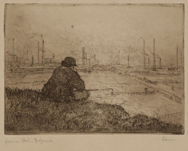Jean-Emile LABOUREUR (1877-1943)
Les Usines (banlieue de Nantes, vers Chantenay). 1902. Eau-forte. 175 x 126. L. 30. L’une des 3 épreuves du 1er état (sur 2), avant de nouveaux travaux dans le ciel, sur vélin mince beige, annotée « premier état 3 épreuves » et signée. Joint : même sujet. Épreuve sur vergé fort, signée et datée « 1907 » au crayon puis titrée « Les cheminées d’usine ». Ex-coll. H.-M. Petiet. Ens. 2 p.