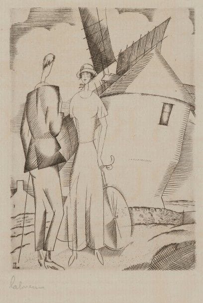 Jean-Emile LABOUREUR (1877-1943)
La Promenade au moulin (près Guérande). 1922. Burin. 71 x 100. L. 245. Sur vergé, signée au crayon. Léger offset d’une page de titre d’un ouvrage sur le feuillet.
