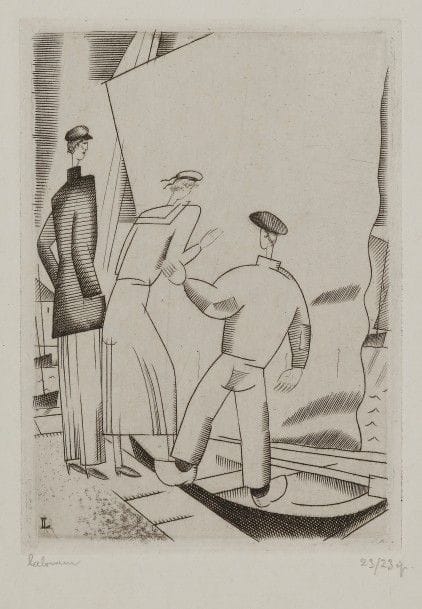 Jean-Emile LABOUREUR (1877-1943)
L’Embarquement. 1922. Burin. 71 x 100. L. 246. Sur vélin blanc, l’une des 23 du 1er état (sur 2), la voile encore blanche, avant le tirage en carte de vœux, signée et numérotée au crayon.