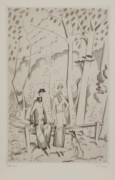 Jean-Emile LABOUREUR (1877-1943)
En forêt. 1922. Burin. 140 x 217. L. 247. Réunion de 2 épreuves, la 1re sur vergé, l’une des 8 du 1er état (sur 2), avant les travaux sur les souliers, signée et numérotée, la 2e sur vélin blanc, signée et annotée « ép. d’essai » au crayon. Tirage total à 78 épreuves.