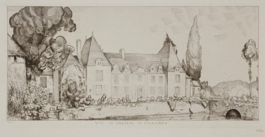 Jean-Emile LABOUREUR (1877-1943)
Vue du château de Villaines (Sarthe). 1922. Eau-forte et burin. 410 x 192. L. 248. Sur vélin blanc, signée et numérotée au crayon. Tirage à 60 épreuves. Timbre sec : H. Petiet éditeur Paris (Lugt 2021a).