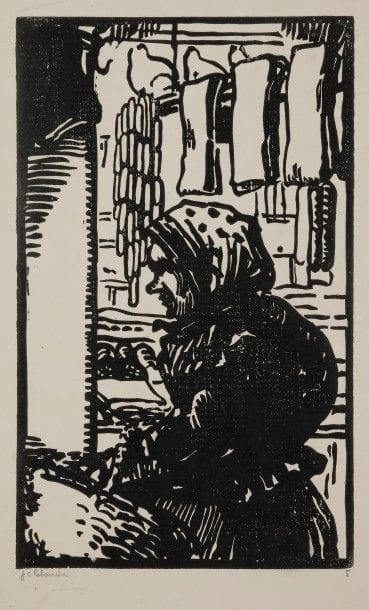 Jean-Emile LABOUREUR (1877-1943)
Vieille femme au marché. 1906. Bois gravé. 163 x 253. L. 623. Tirée en noir sur vélin crème, signée et numérotée au crayon. Rare. Tirage total à 19 épreuves. Ex-coll. JPLL.
