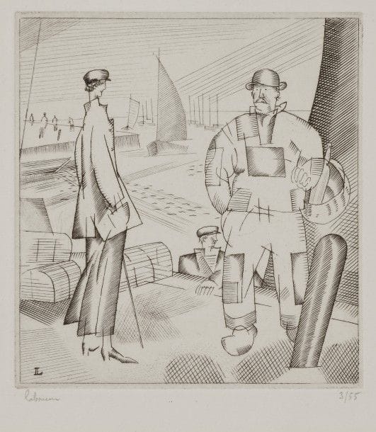 Jean-Emile LABOUREUR (1877-1943)
Le Retour de la pêche. 1923. Burin. 92 x 100. L. 273. Sur vélin blanc, signée et numérotée au crayon. Tirage à 55 épreuves. Timbre sec : Jacquart éditeur Paris.