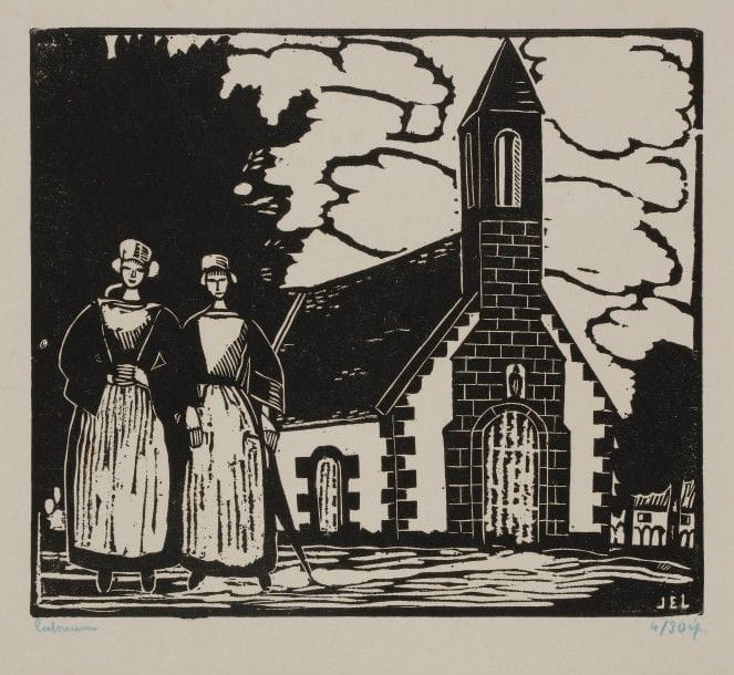 Jean-Emile LABOUREUR (1877-1943)
Chapelle bretonne. 1923. Bois gravé. 248 x 216. L. 743. Sur japon, signée et numérotée au crayon bleu. Rares rousseurs claires. Tirage à 15 épreuves (malgré les 30 annoncées).