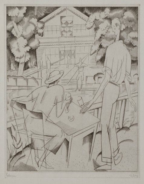 Jean-Emile LABOUREUR (1877-1943)
Sur la Marne. 1924. Burin. 130 x 170. L. 277. Réunion d’une épreuve sur vélin blanc, l’une des 8 du 1er état (sur 4), avant les tailles sur la table, la 2e sur vélin blanc mince du 2e état, avant le monogramme, signées et numérotées au crayon. Timbre de la coll. H.-M. Petiet à la 2e. Tirage total à 29 épreuves (hors le tirage à nombre pour Byblis).