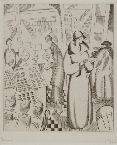 Jean-Emile LABOUREUR (1877-1943)
Chez le pâtissier. 1924. Burin. 113 x 140. L. 278. Réunion de 3 épreuves sur vélin blanc, la 1ère l’une des 8 du 1er état (sur 3), avant le monogramme gravé, la 2e l’une des 25 du 2e état avant la lettre, la 3e de l’état définitif du tirage pour L’Art d’aujourd’hui, toutes signées au crayon, la 2e numérotée.