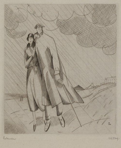 Jean-Emile LABOUREUR (1877-1943)
La Pluie sur la plage. 1924. Burin. 120 x 138. L. 281. Sur vergé ancien, signée et numérotée au crayon et titrée « pluie » en pied. Tirage à 50 épreuves. Joint : La Pluie sur la plage (petite planche). 1920. Eau-forte. 89 x 60. L. 199. Sur vélin blanc, l’une des 2 du 1er état (sur 2), avant le monogramme. Tirage total à nombre. Ens. 2 p. 