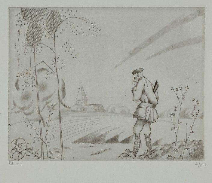 Jean-Emile LABOUREUR (1877-1943)
Le Chasseur. 1924. Burin. 170 x 132. L. 291. Sur vergé ancien azuré, signée et numérotée au crayon. Tirage à 70 épreuves.