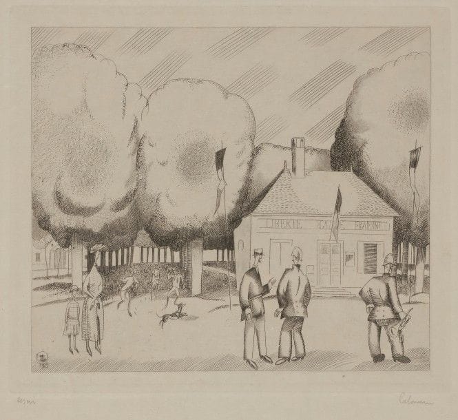 Jean-Emile LABOUREUR (1877-1943)
Le 14 juillet au village (Nointel, Oise). 1925. Eau-forte et burin. 162 x 140. L. 292. Sur simili-japon, annotée « essai » et signée au crayon. Tirage définitif à 100 épreuves.