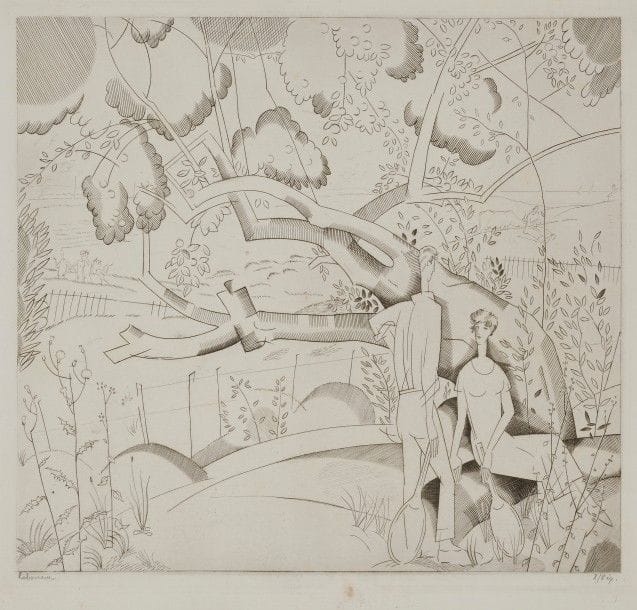 Jean-Emile LABOUREUR (1877-1943)
Le Vieux poirier. 1925. Burin. 278 x 256. L. 293. Sur vergé ancien fort, l’une des 8 du 2e état (sur 5), la robe encore blanche, signée et numérotée au crayon. Quelques points de rouille et petite rousseur circulaire sur le coup de planche inférieur. Petite auréole claire d'humidité en marge droite. Tirage total à 103 épreuves.